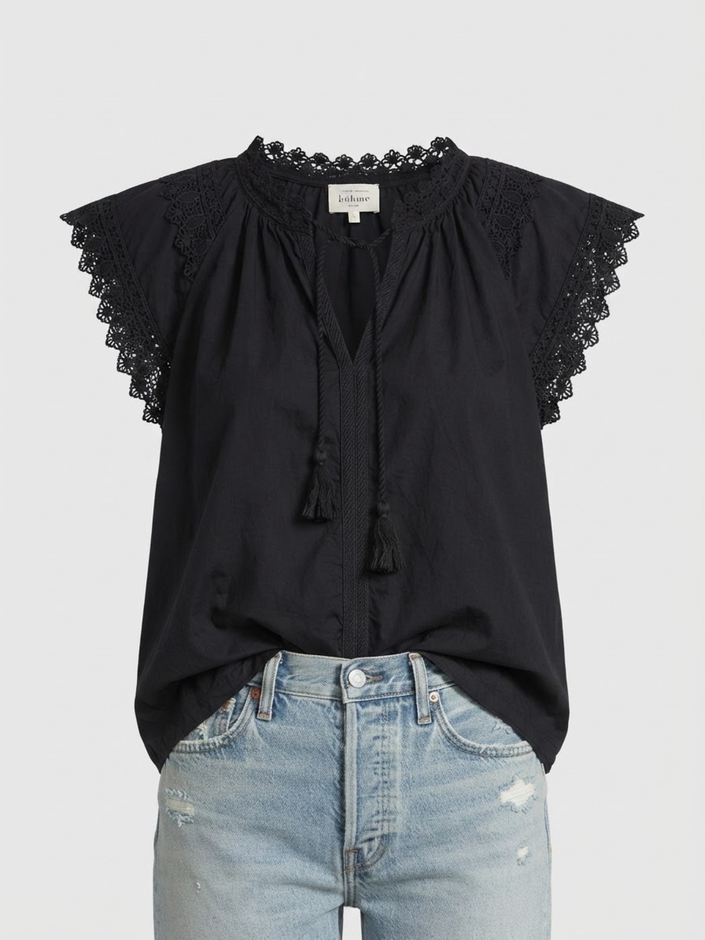 bohme Black Crochet-Trim Tassel Peasant Blouse Flutter Sleeve sz M